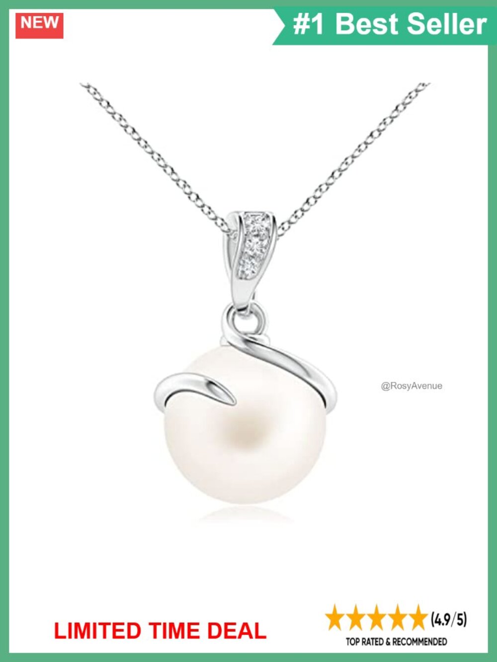 Sterling Silver Freshwater Pearl Spiral Pendant Necklace with Diamonds